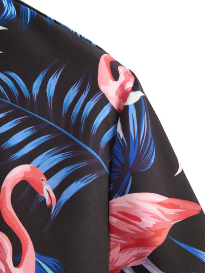 Flamingo & Leaf Pattern Men's Stylish Short Sleeve Lapel Hawaiian Shirt, Summer Vacation