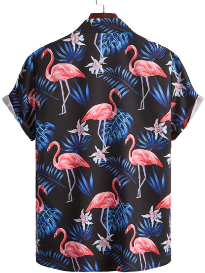 Flamingo & Leaf Pattern Men's Stylish Short Sleeve Lapel Hawaiian Shirt, Summer Vacation