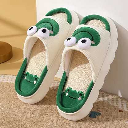 Men's Cartoon Frog Graphic Style Open Toe Home Slippers, Breathable Lightweight Non-slip Slippers With Linen Uppers For Indoor Walking,