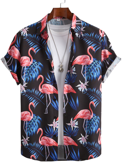 Flamingo & Leaf Pattern Men's Stylish Short Sleeve Lapel Hawaiian Shirt, Summer Vacation