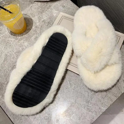 Summer Fluffy Raccoon Fur Slippers Shoes Women Fox Fur Flip Flop Flat Furry Fur Slides Outdoor Sandals Woman Amazing Shoes