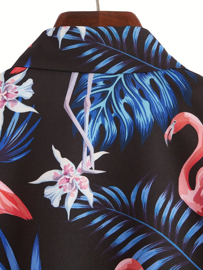 Flamingo & Leaf Pattern Men's Stylish Short Sleeve Lapel Hawaiian Shirt, Summer Vacation