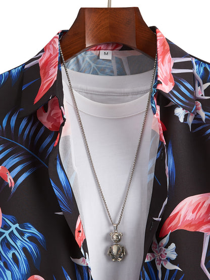 Flamingo & Leaf Pattern Men's Stylish Short Sleeve Lapel Hawaiian Shirt, Summer Vacation