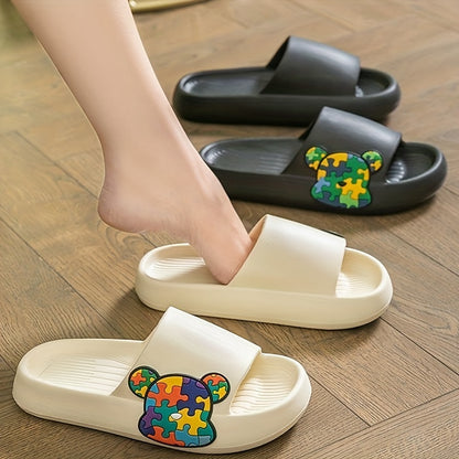 Puzzle Bear Graphic Design Open Toe Home Slides, Lightweight Non Slip Quick-drying Slippers For Indoor Walking, Men's Bathroom Shower Shoes