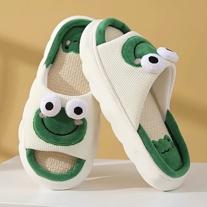 Men's Cartoon Frog Graphic Style Open Toe Home Slippers, Breathable Lightweight Non-slip Slippers With Linen Uppers For Indoor Walking,